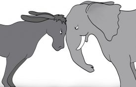 美国驴子(民主党)和大象(共和党)正面交锋的插图。