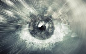 数字视觉概念，与人眼混合的混沌结构的抽象插图