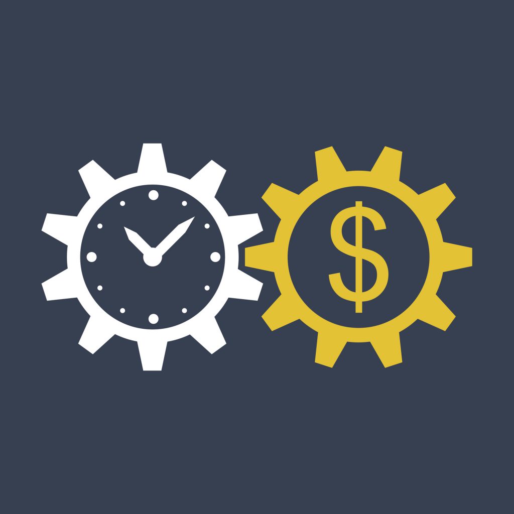 这是一个齿轮上的时钟的插图，齿轮上有一个美元符号