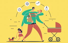 头部和几只手臂上环绕着任务图标的男子抱着刚出生的孩子，婴儿车，装着食物的袋子，打电话，牵着女儿遛狗。