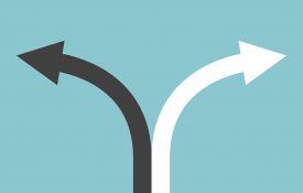 在蓝绿色背景上，黑色和白色的曲线箭头显示方向。