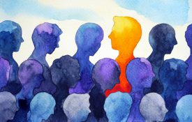 忧郁的概念水彩形象的蓝色剪影和一个橙色的人站出来